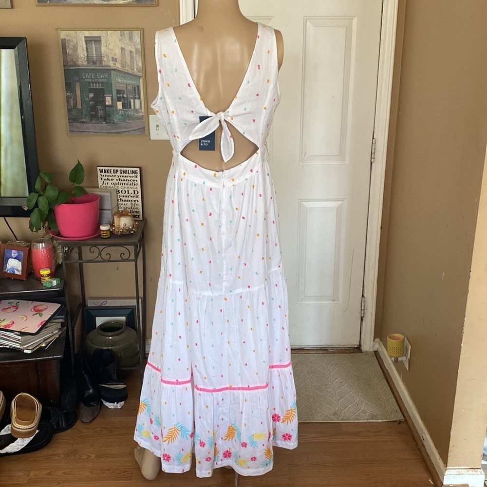 crown & ivy White Tiered Maxi Dress with Multicolor Floral Embroidery